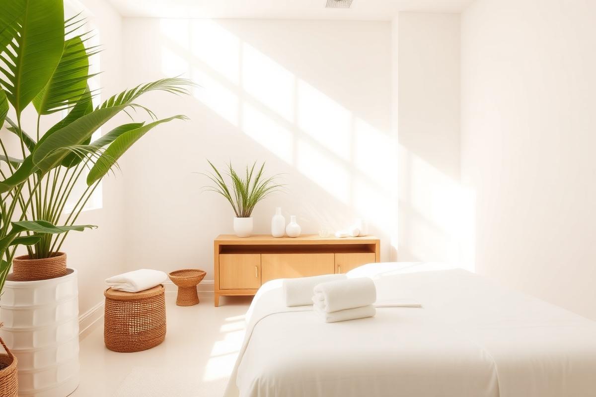 Clean, bright spa treatment room with white linens and natural light
